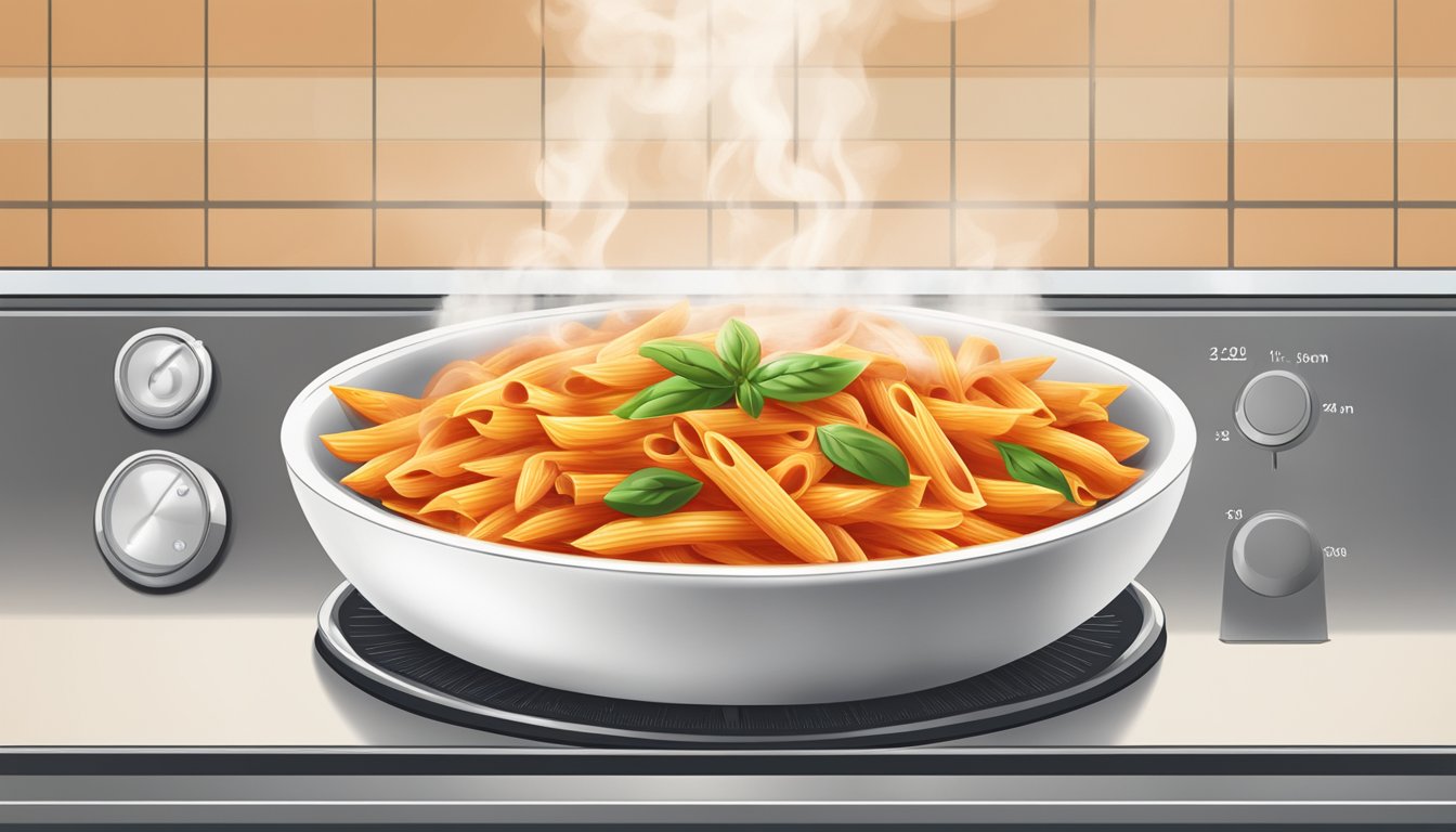 A steaming bowl of penne arrabbiata being heated in a microwave