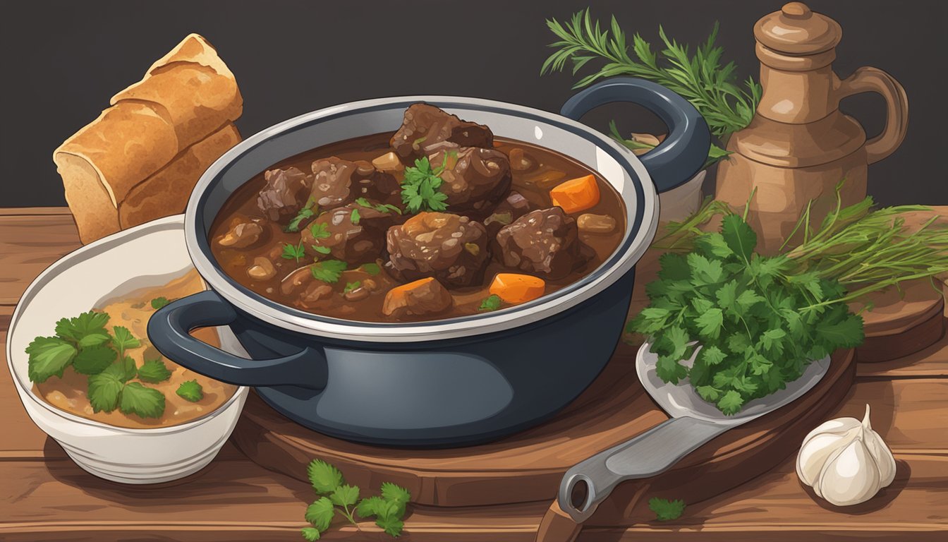 A steaming bowl of oxtail stew sits on a rustic wooden table, surrounded by a ladle, fresh herbs, and a side of crusty bread