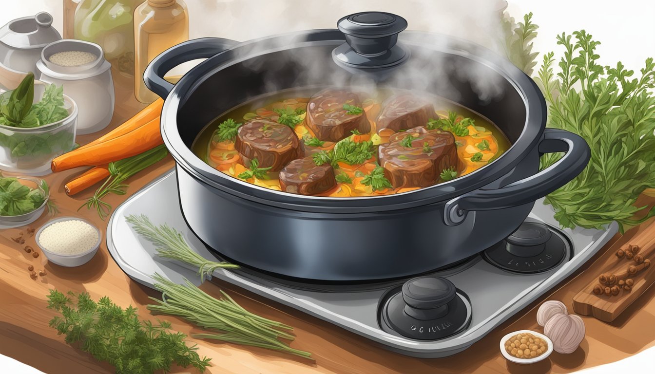 A steaming pot of osso buco being gently reheated on a stovetop, surrounded by aromatic herbs and spices