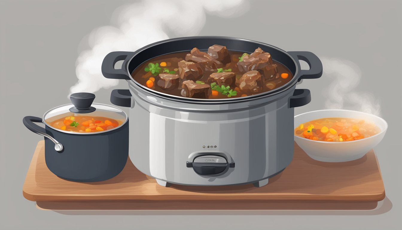 A steaming pot of oxtail stew sits on a stovetop, with aromatic steam rising and a ladle resting on the edge