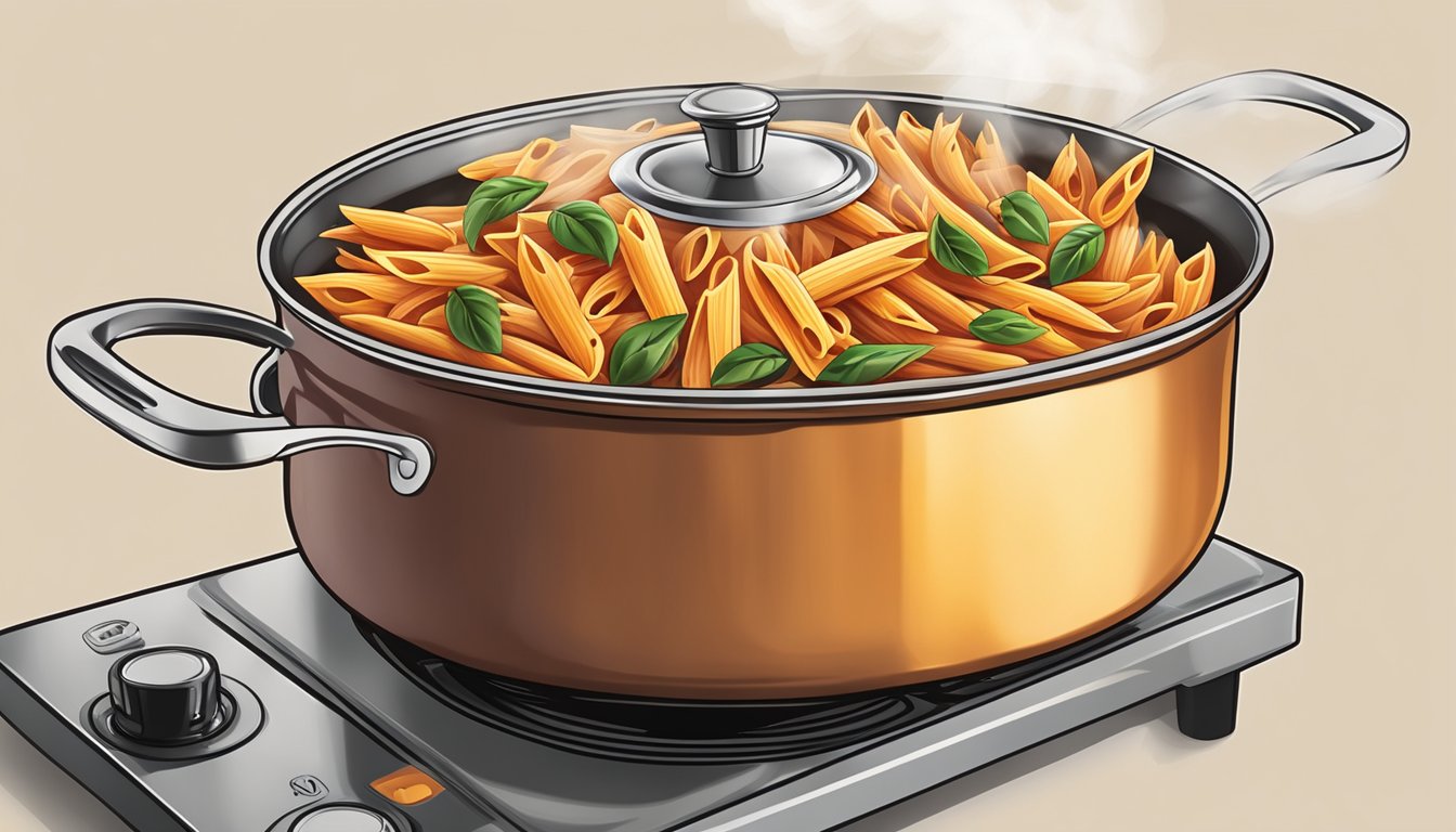 A pot of penne arrabbiata simmering on a stovetop, steam rising as it heats up