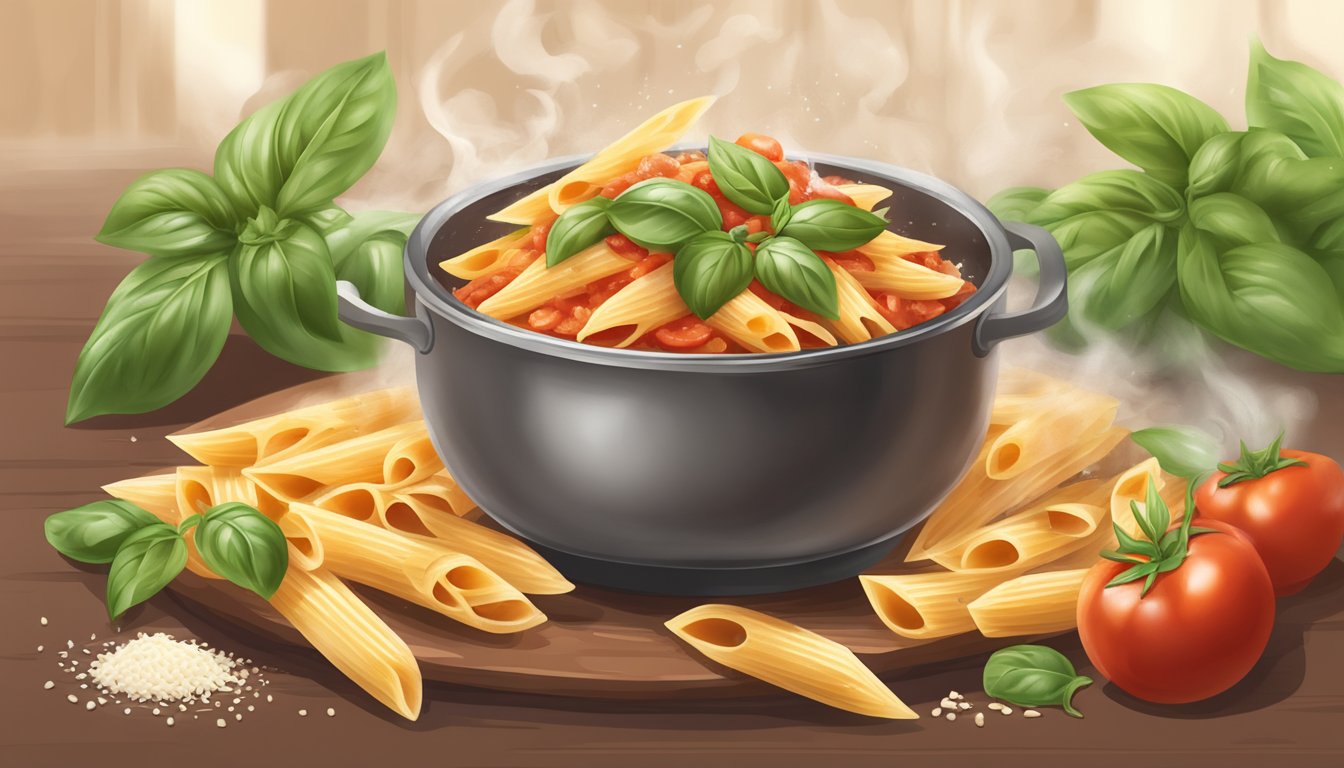 Steam rising from a steaming bowl of reheated penne arrabbiata, with fresh basil leaves sprinkled on top, and a sprinkle of parmesan cheese