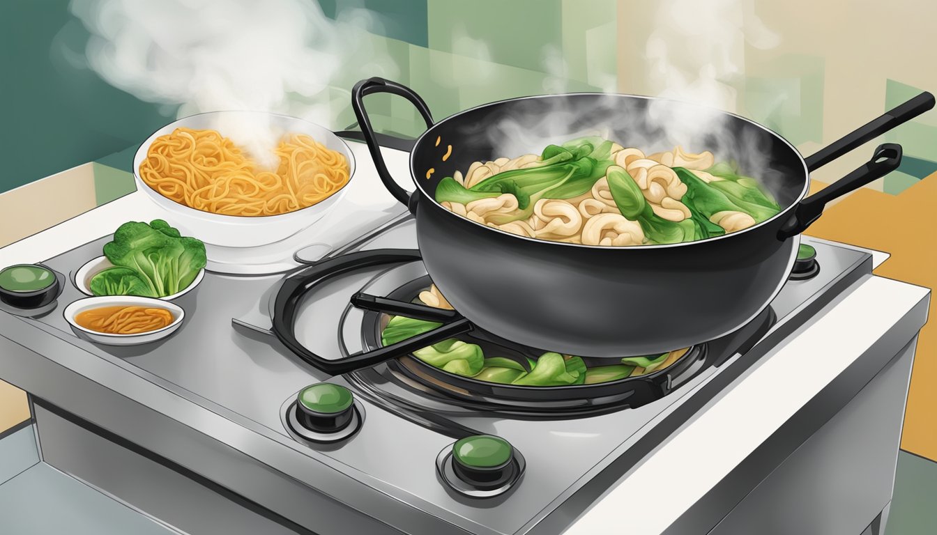 A steaming plate of Pad See Ew being reheated in a wok over a gas stove, with the savory aroma wafting through the air