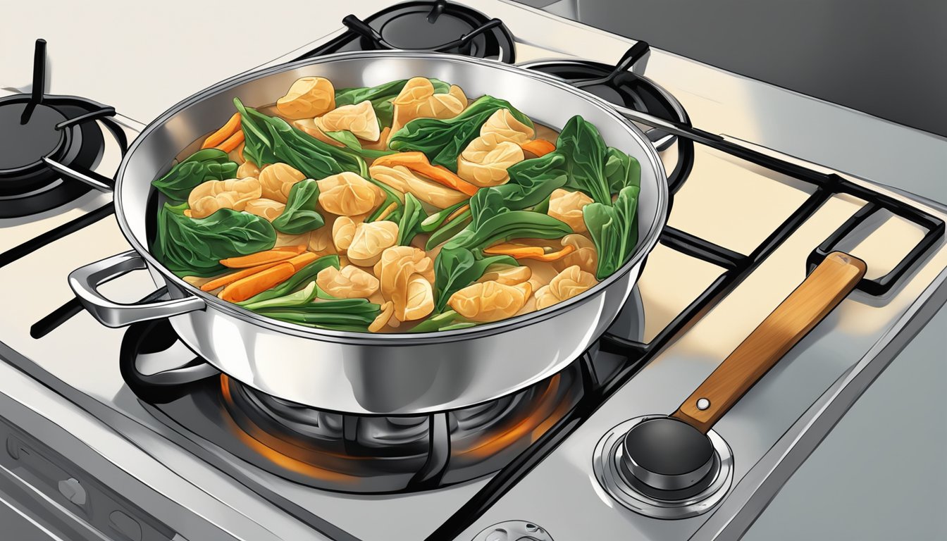 A pan with sizzling pad see ew being reheated on a stovetop