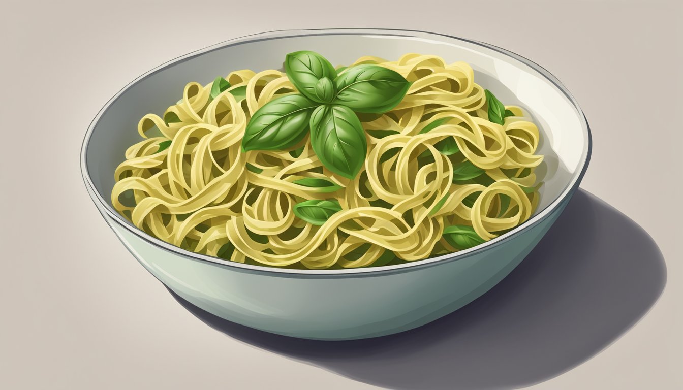 A bowl of pesto pasta being reheated in a microwave