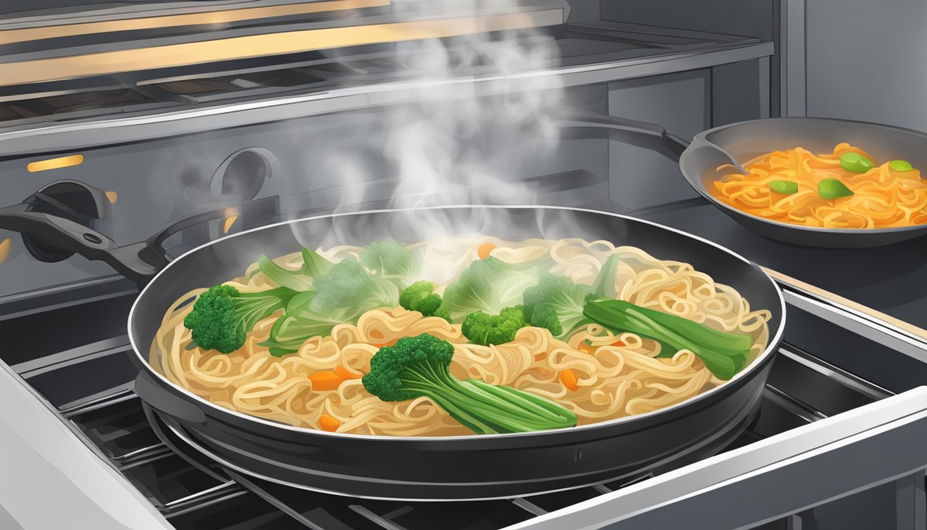 A steaming hot plate of pad see ew sits inside a preheated oven, the warm air gently reheating the noodles and vegetables