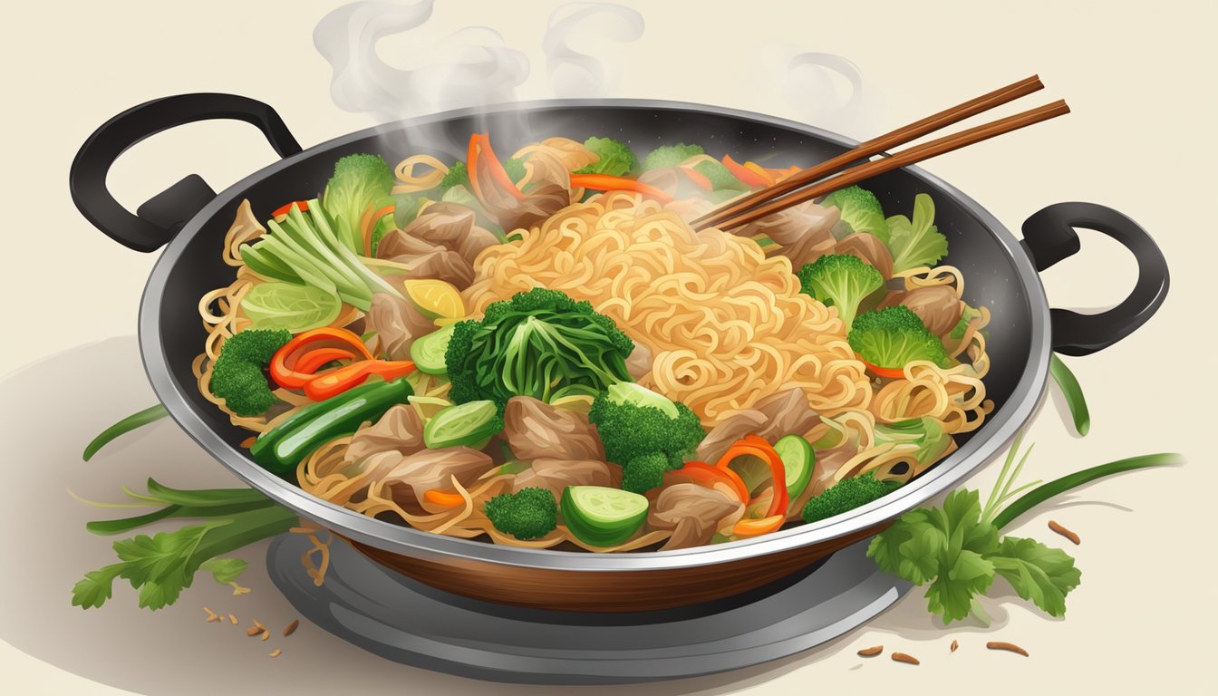 A steaming wok with sizzling pad see ew being tossed with fresh vegetables and tender noodles, surrounded by the aroma of soy sauce and Thai spices