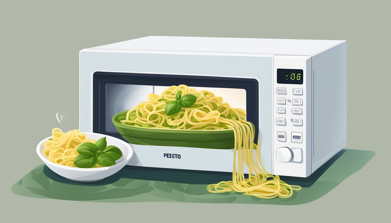 A bowl of pesto pasta being placed in a microwave with a cover, steam escaping as it heats up