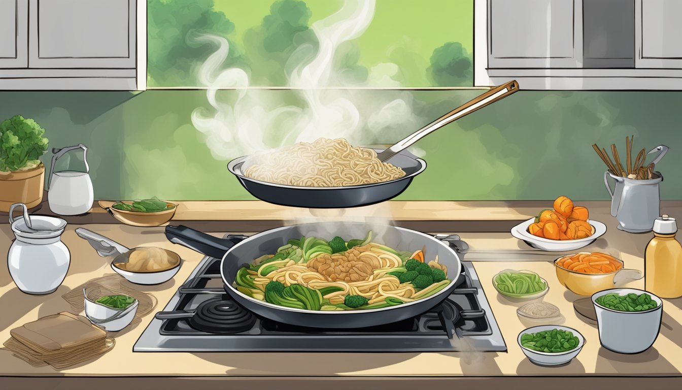 A steaming plate of Pad See Ew being reheated in a wok over a gas stove, with a chef using tongs to toss the noodles and vegetables