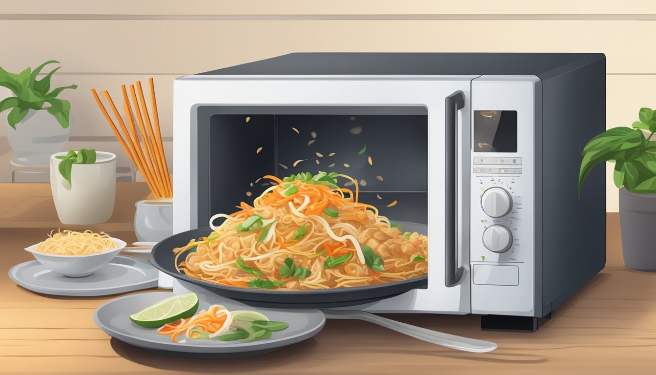 A plate of Pad Thai being reheated in a microwave