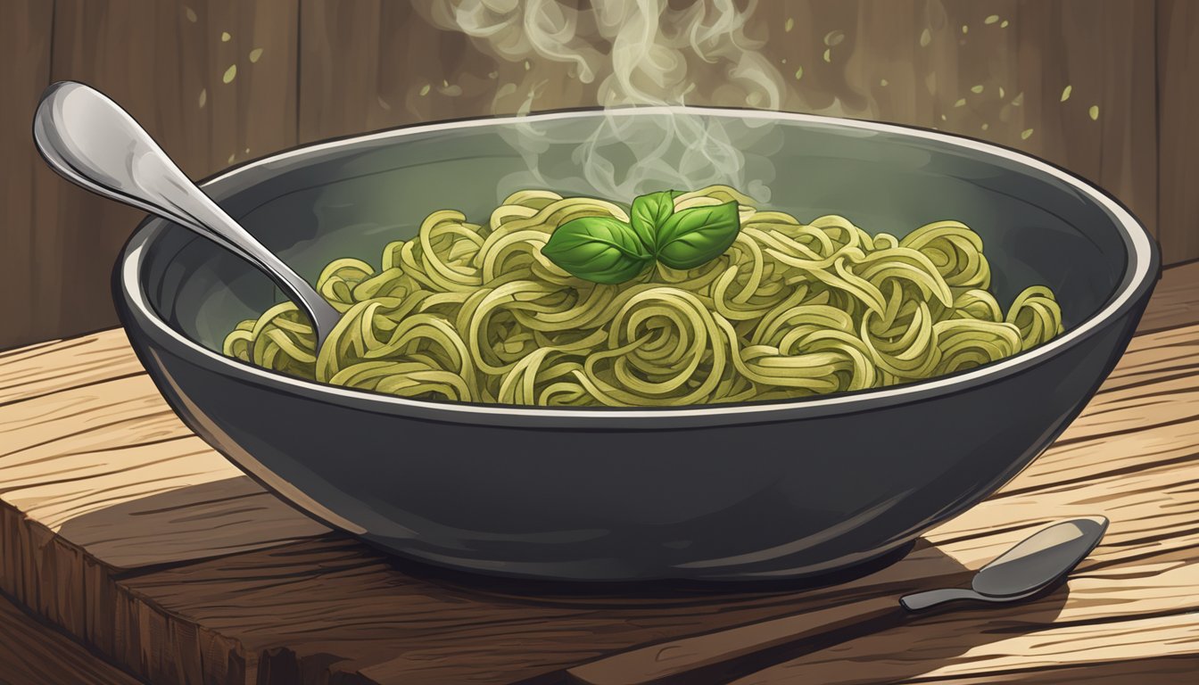 A steaming bowl of pesto pasta sits on a rustic wooden table, with a fork resting on the edge. Wisps of steam rise from the dish, indicating that it has just been reheated