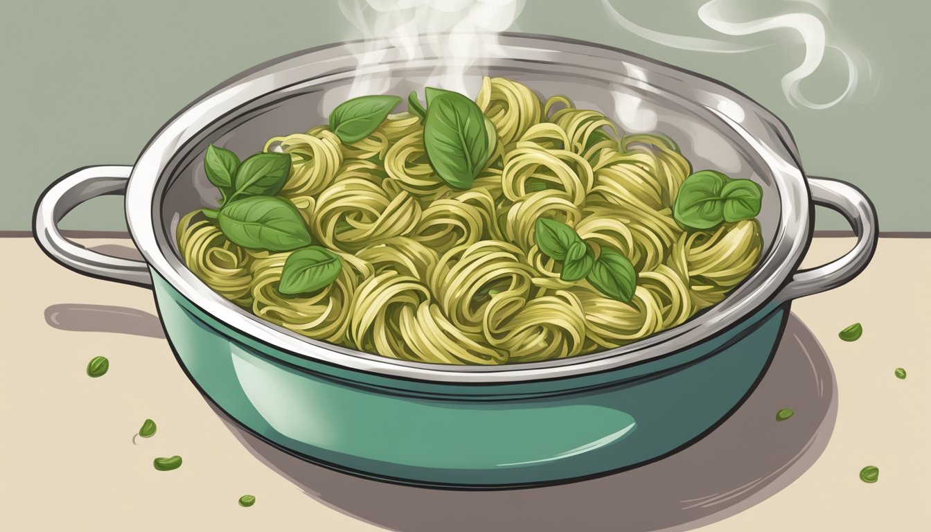 A steaming bowl of pesto pasta being gently reheated in a saucepan on a stovetop