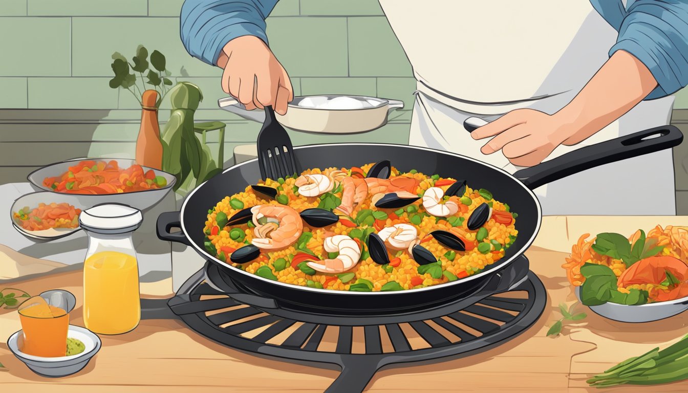 A person using a skillet to gently reheat a colorful paella dish, carefully avoiding overcooking the delicate seafood