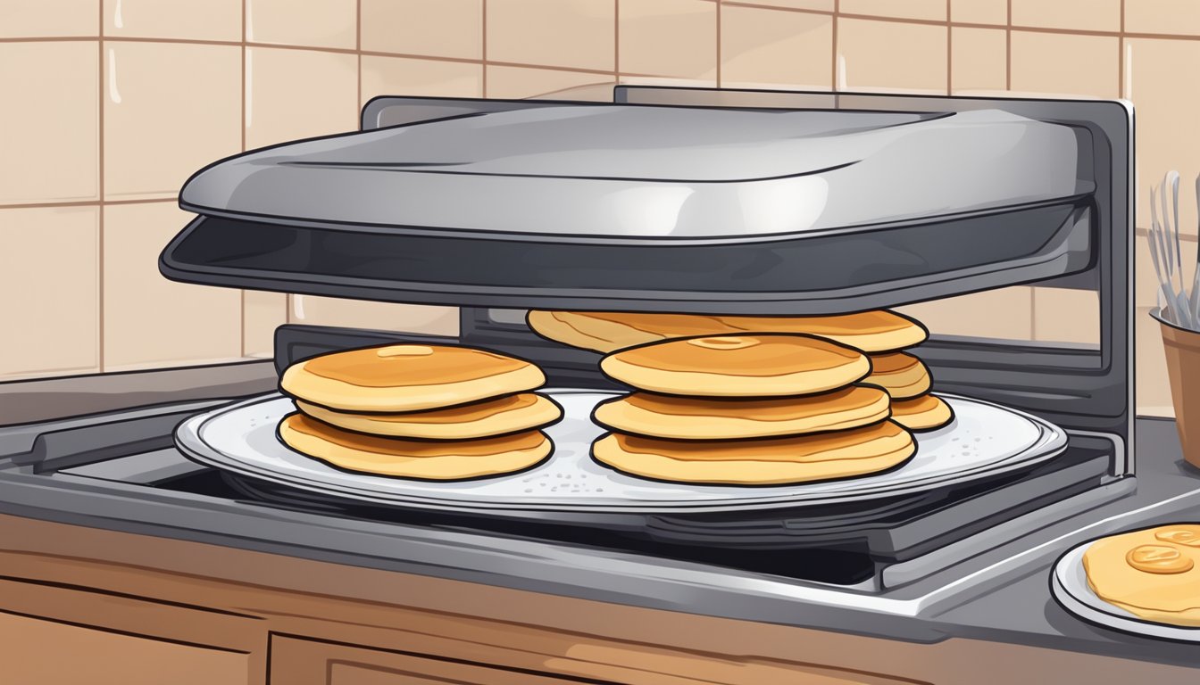 A stack of fluffy pancakes being reheated in the oven on a baking sheet