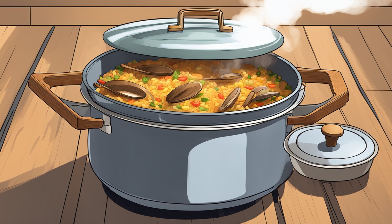 A steaming pot of paella sits on a stovetop, with a lid slightly ajar. Steam rises from the dish, and a wooden spoon rests on the edge of the pot