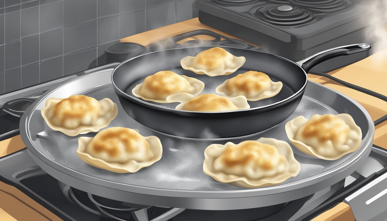 A plate of pierogies being reheated in a skillet over a stovetop, with steam rising from the sizzling dumplings