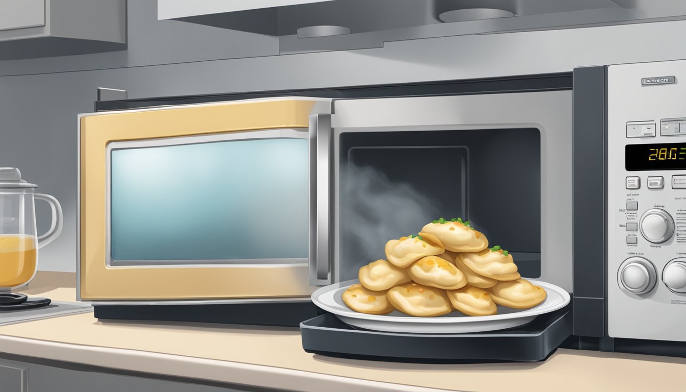 A plate of pierogies sitting next to a microwave with the door open, steam rising from the hot food