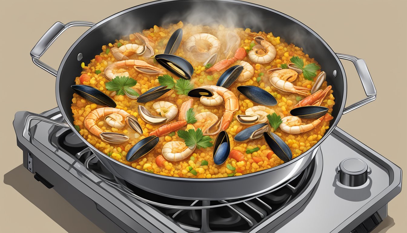 A steaming paella dish sits atop a gas stove, the seafood glistening with moisture as it is gently reheated in a large pan