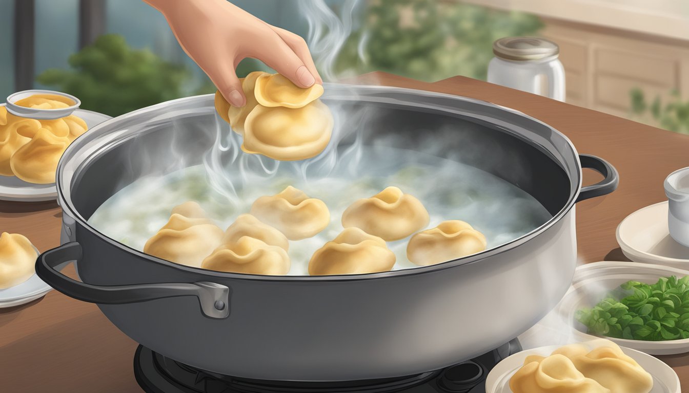 A pot of boiling water with pierogies being dropped in