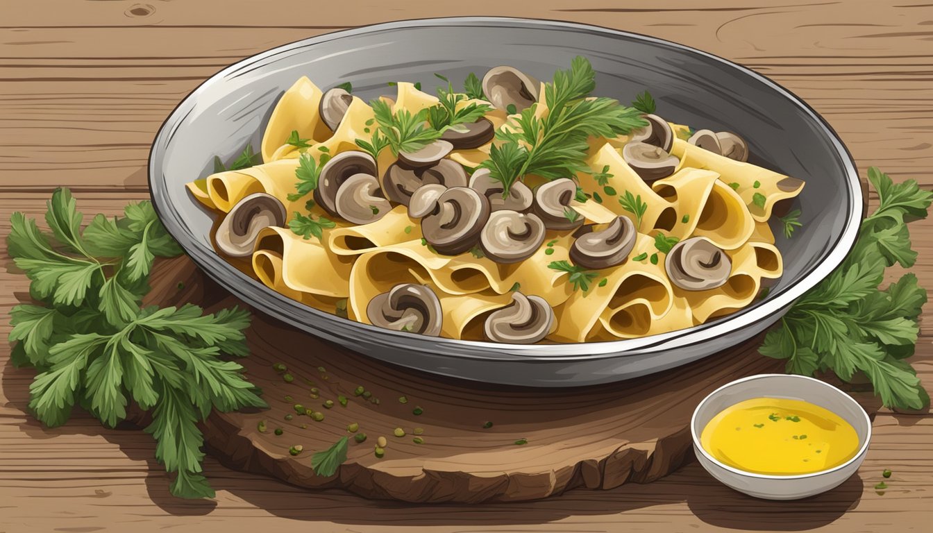 A steaming bowl of pappardelle with mushroom sauce sits on a rustic wooden table, surrounded by fresh herbs and a drizzle of olive oil