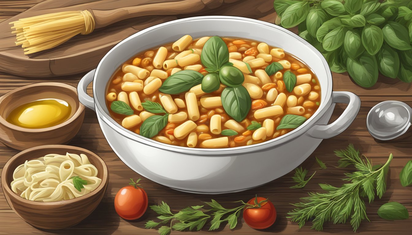 A steaming bowl of pasta e fagioli sits on a rustic wooden table, surrounded by fresh herbs and a drizzle of olive oil