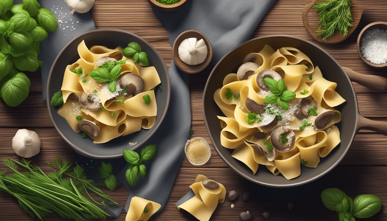 A steaming bowl of pappardelle with mushroom sauce sits on a rustic wooden table, surrounded by fresh herbs and a sprinkle of parmesan cheese