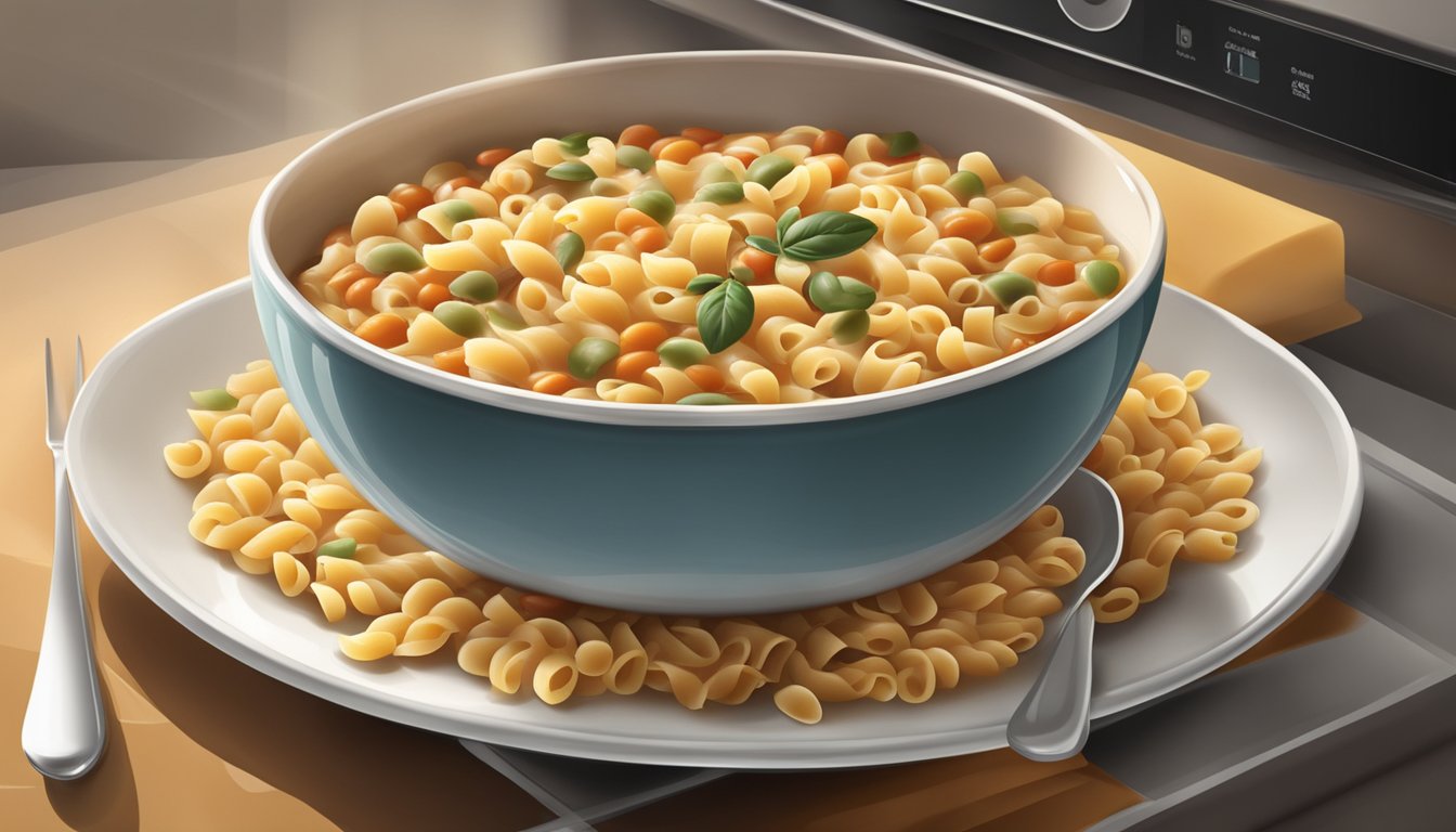 A bowl of pasta e fagioli sits in the microwave, steam rising as it heats up, with the comforting aroma of the Italian dish filling the kitchen