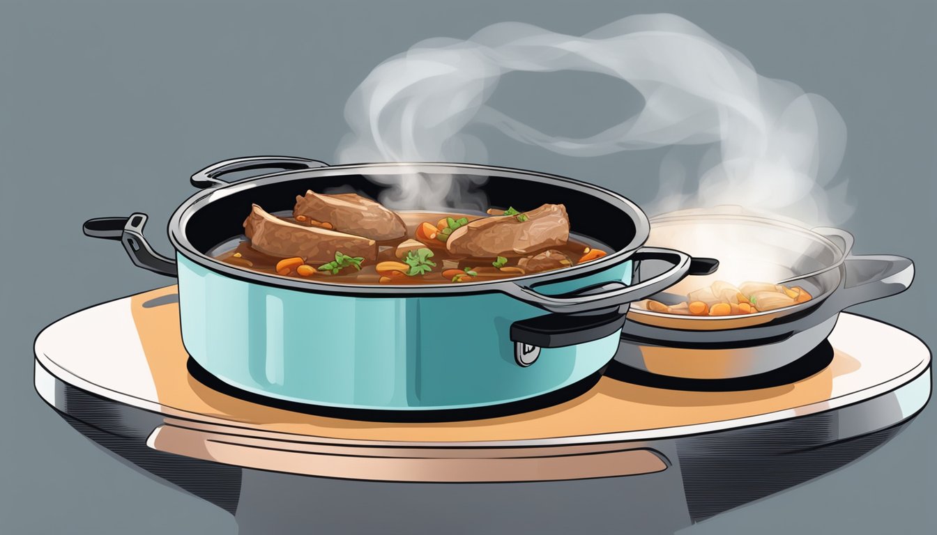 A stovetop with a pot containing pork adobo being gently reheated, steam rising from the simmering dish