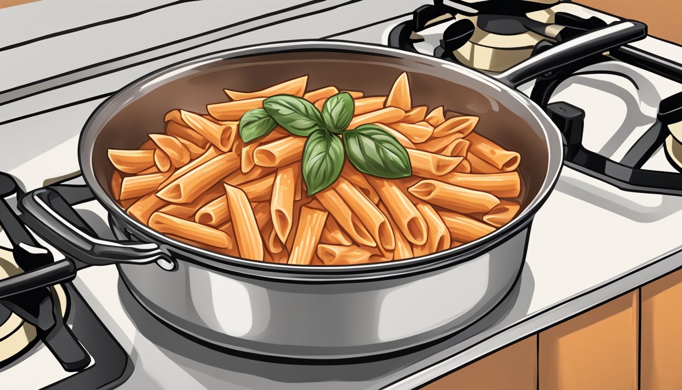 A pot of penne pasta with creamy vodka sauce being gently reheated on a stovetop