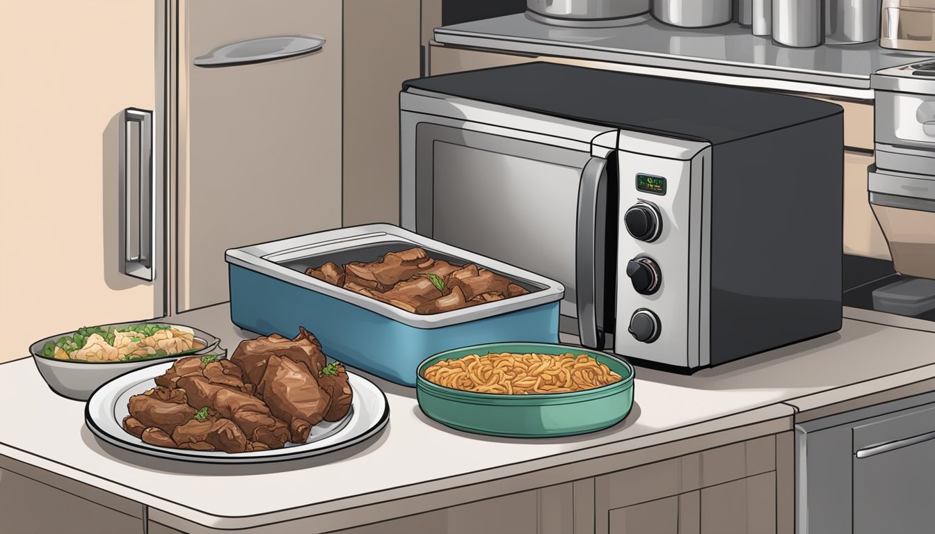 A plate of leftover pork adobo sits in the refrigerator, while a microwave and stovetop pan are nearby for reheating