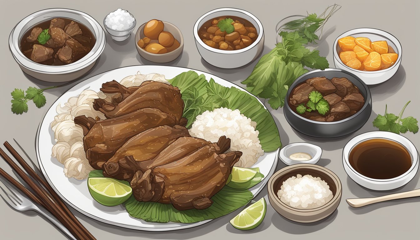 A plate of reheated pork adobo with steam rising, surrounded by garnishes and utensils