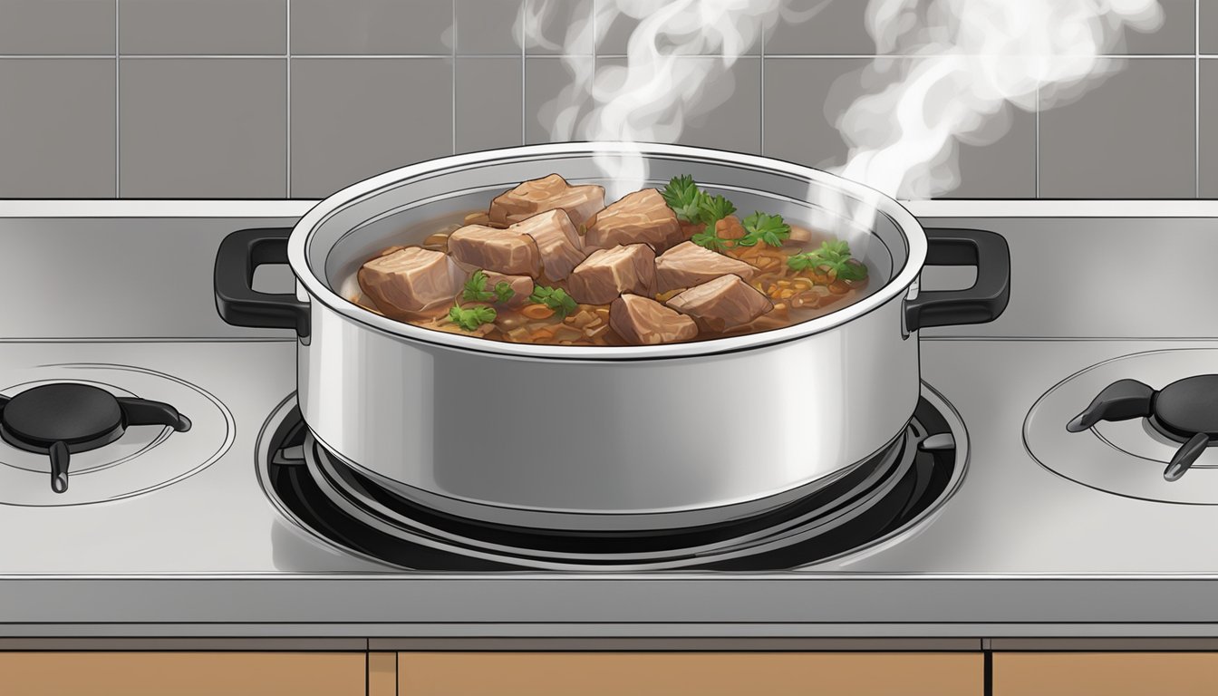 A steaming bowl of pork adobo being gently reheated on a stovetop, with the aroma wafting through the air