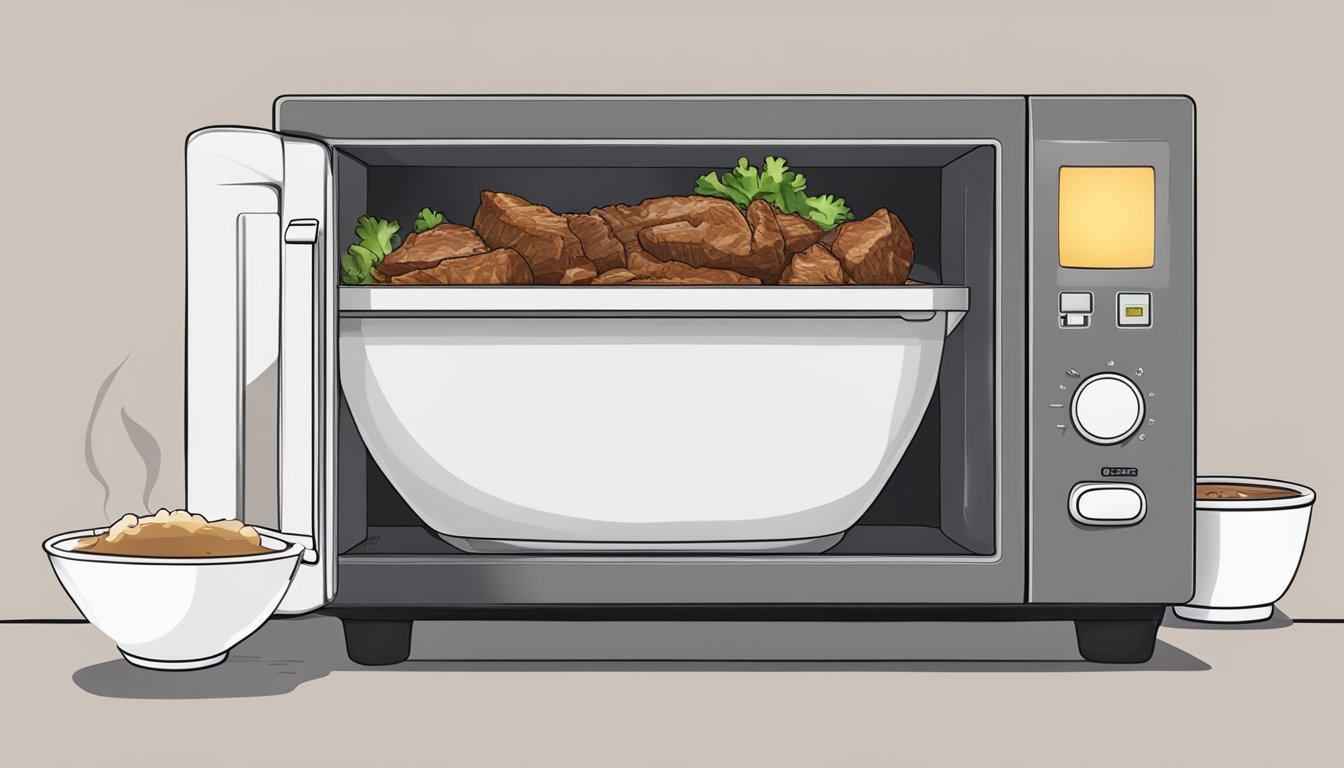 A steaming bowl of pork adobo being reheated in a microwave