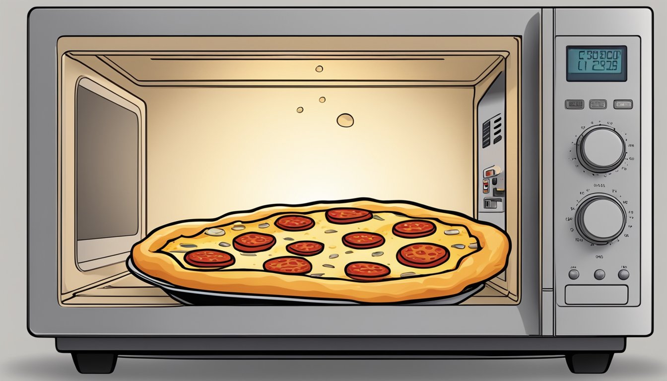 A slice of pepperoni pizza rotates on a microwave-safe plate inside a microwave. The cheese bubbles and the pepperoni sizzles as it reheats