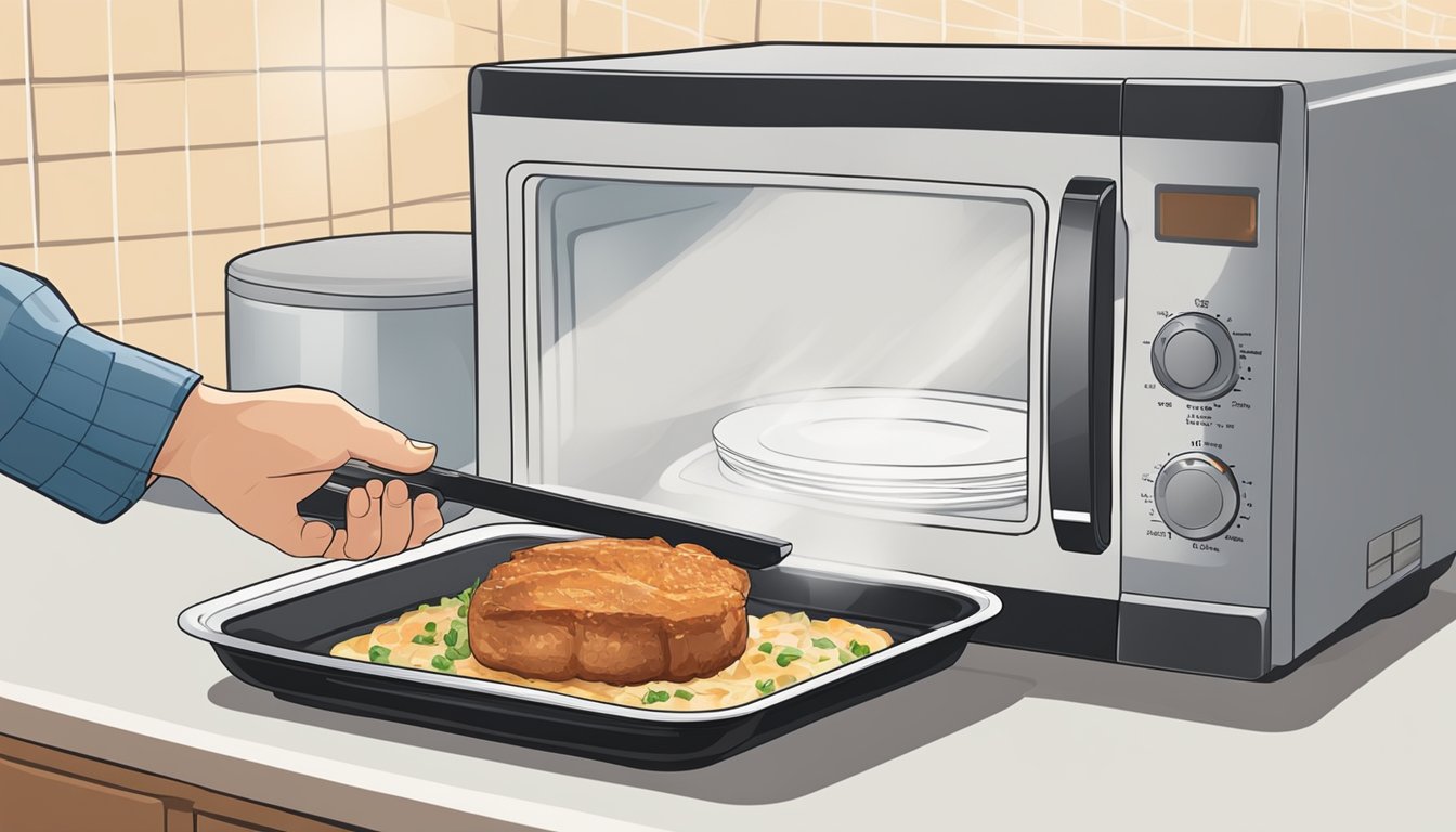 A person reheating pork chops in a microwave, using a microwave-safe dish and covering the dish with a microwave-safe lid or plastic wrap