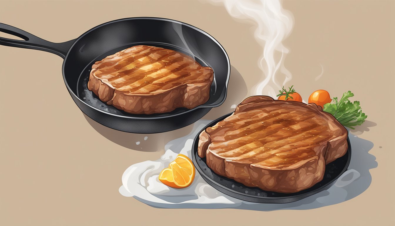 A sizzling pork chop being reheated in a skillet, with steam rising and the meat browning on both sides