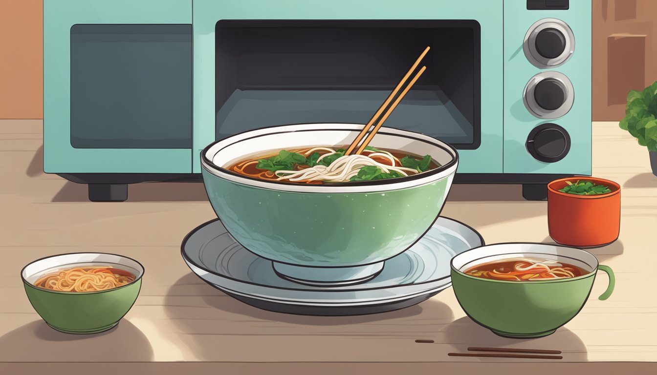 A bowl of pho being placed in a microwave next to a small dish of hoisin and sriracha, with a pair of chopsticks resting on the side