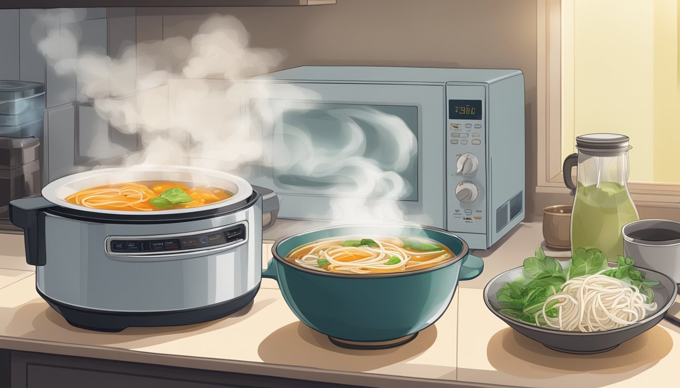 A steaming bowl of pho sits on a table next to a microwave and stovetop, with steam rising from both heating methods