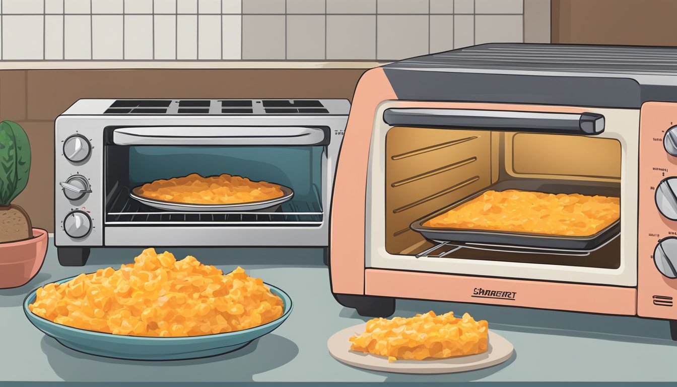 A bowl of pimento cheese sits next to a toaster oven. The toaster oven is turned on, with the cheese inside heating up