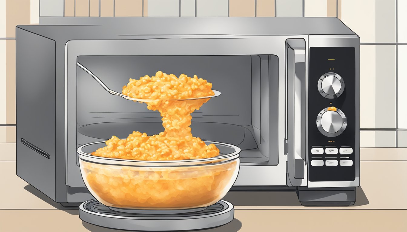 A bowl of pimento cheese being heated in a microwave