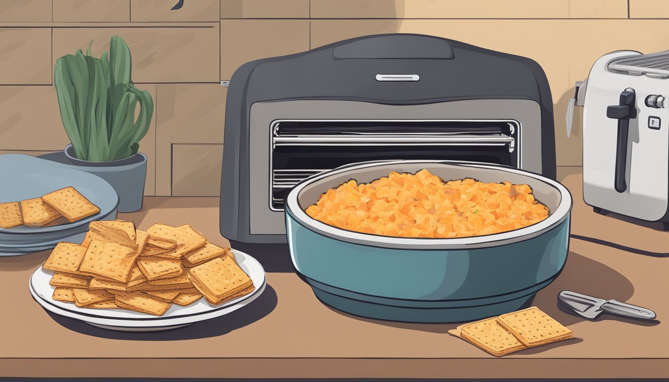 A bowl of pimento cheese sits next to a toaster oven, with a plate of crackers and a small knife nearby