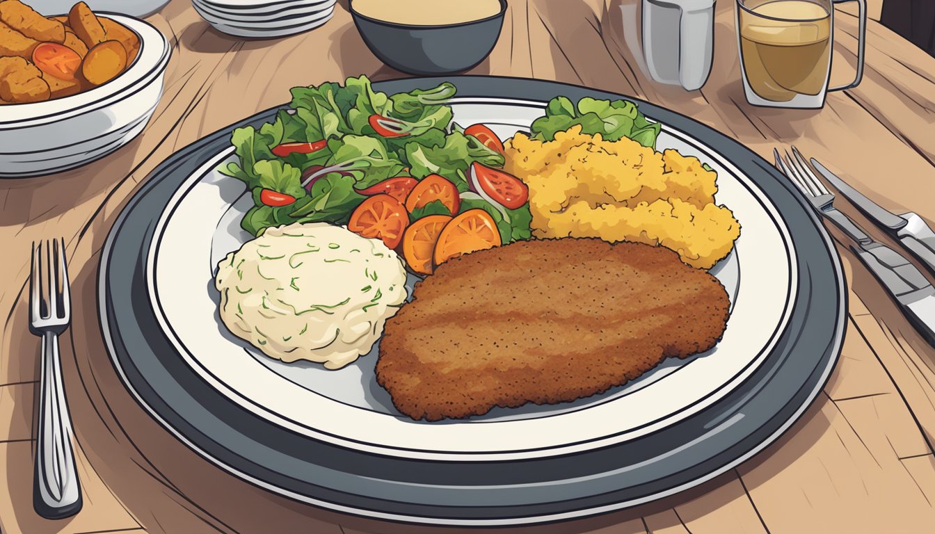 A plate with reheated pork schnitzel alongside various side dishes like mashed potatoes, sautéed vegetables, and a side salad