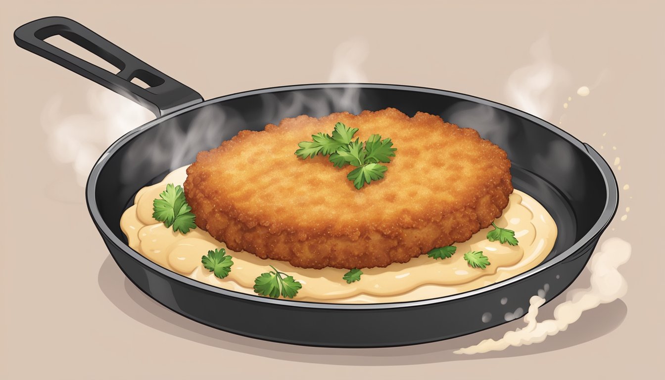 A plate of pork schnitzel being reheated in a skillet, steam rising, with a golden brown crust and juicy meat inside