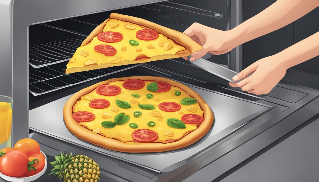 A slice of pineapple pizza being placed on a baking sheet inside a preheated oven