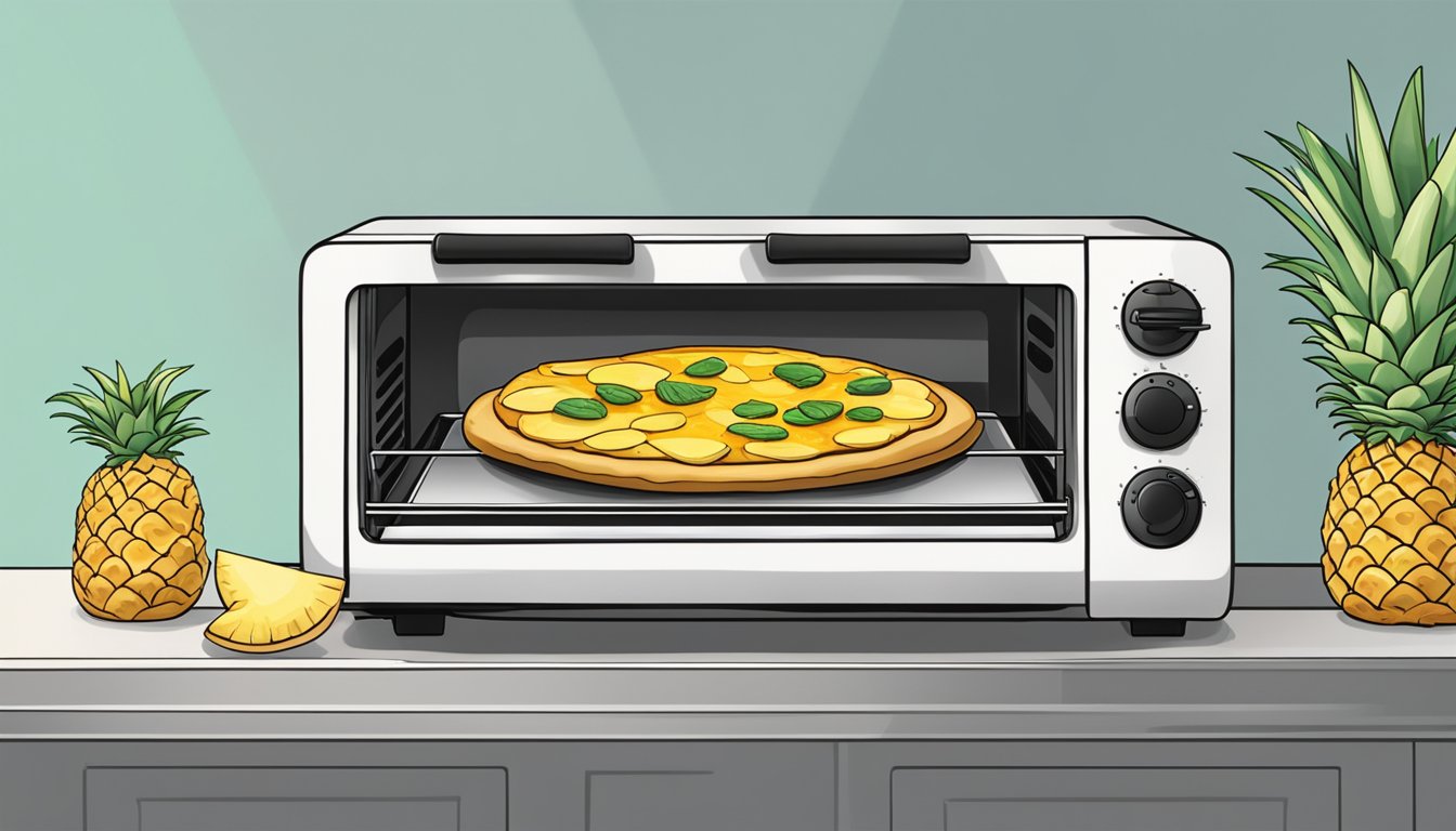 A slice of pineapple pizza being reheated in a toaster oven