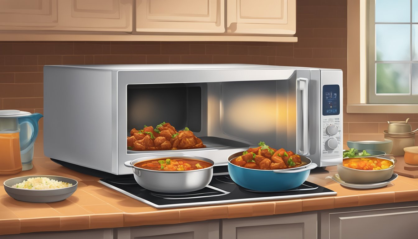 A microwave with a plate of pork vindaloo inside, steam rising from the dish. A stovetop with a pan of vindaloo being heated