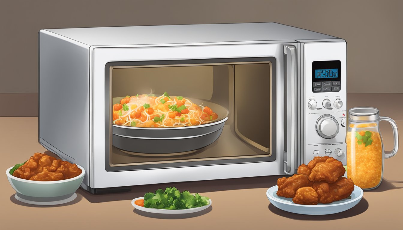 A microwave with a covered dish of pork vindaloo inside, timer set