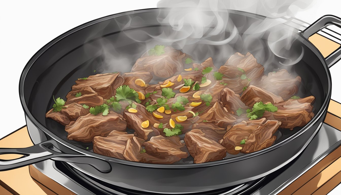 A steaming plate of pork carnitas being reheated in a skillet on a stovetop, with the meat sizzling and releasing its savory aroma