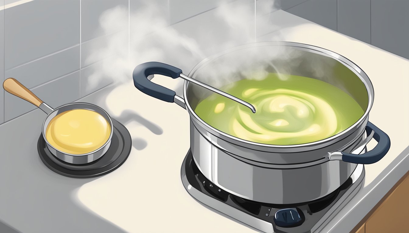 A pot of potato leek soup being gently reheated on a stovetop, steam rising from the surface as a ladle stirs the creamy mixture