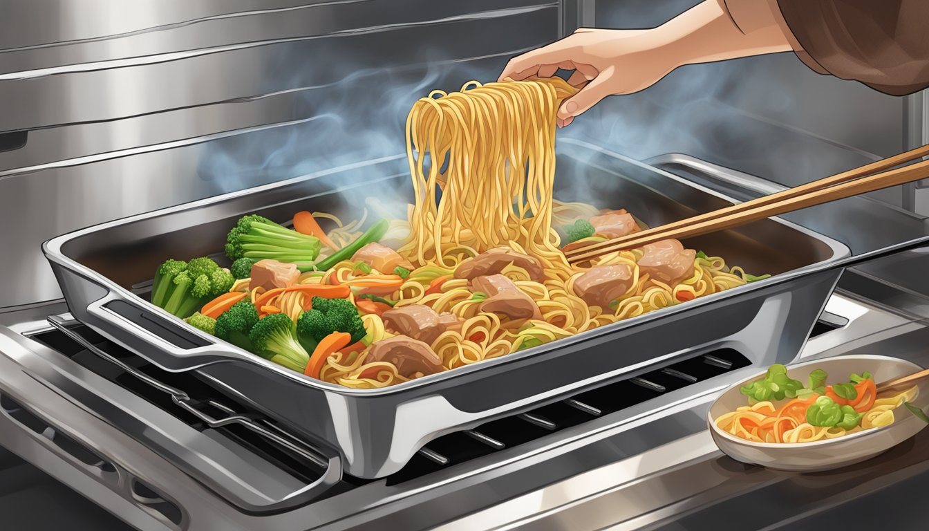 A steaming hot plate of pork lo mein being pulled out of an oven, with the noodles and vegetables glistening with moisture